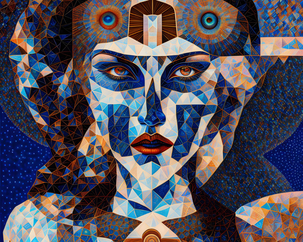 Geometric digital artwork: Woman's face with multiple eyes in blue and gold tones