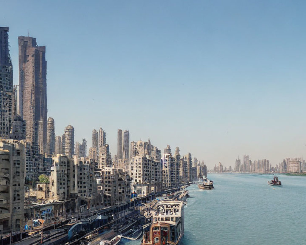 Urban skyline with high-rise buildings by canal and boats on water