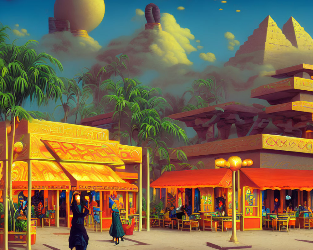 Colorful market scene with pyramids and moon in twilight sky