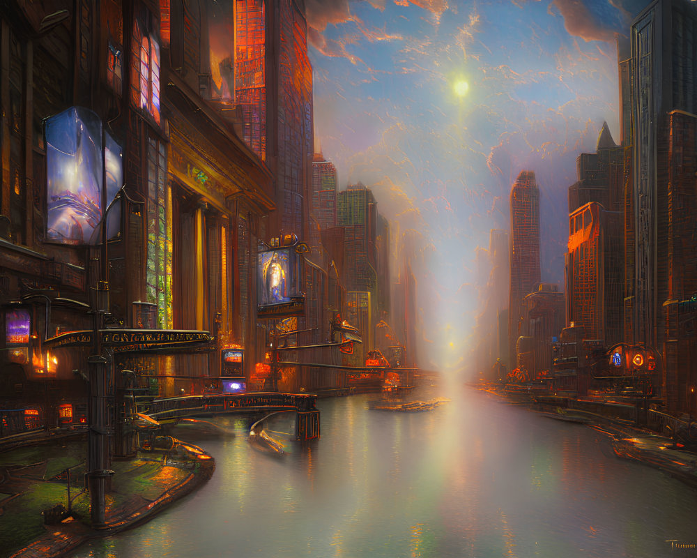 Futuristic cityscape at dusk with illuminated skyscrapers and neon signs