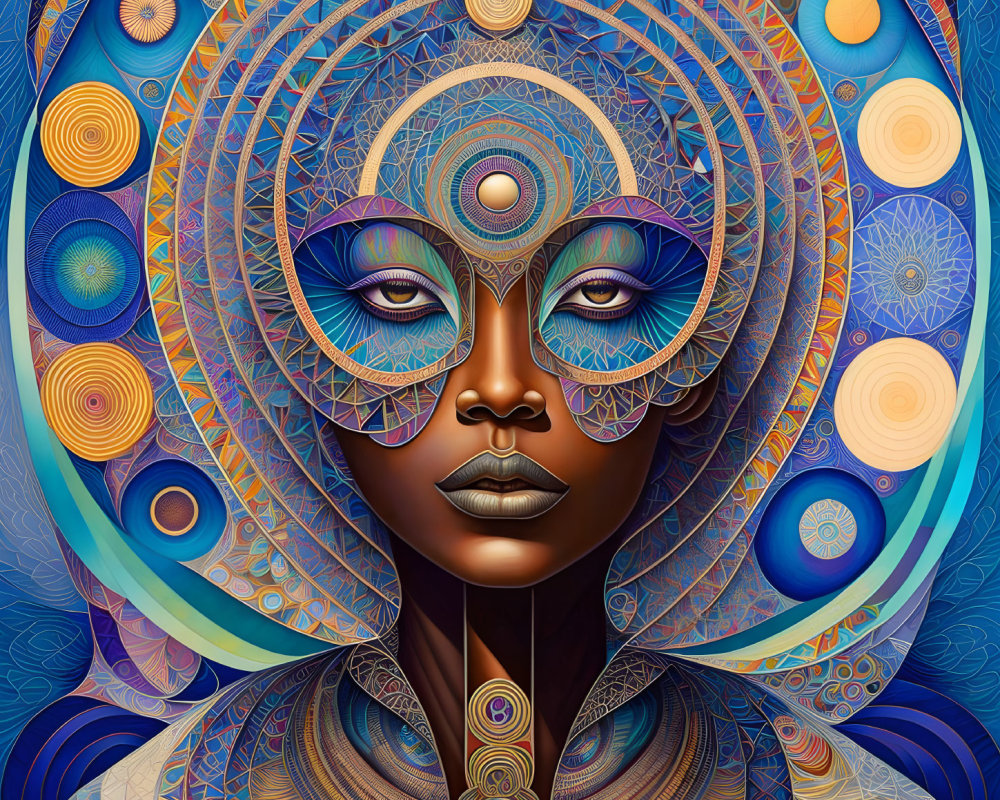 Colorful digital artwork: Woman's face in blue, gold, and purple mandala patterns