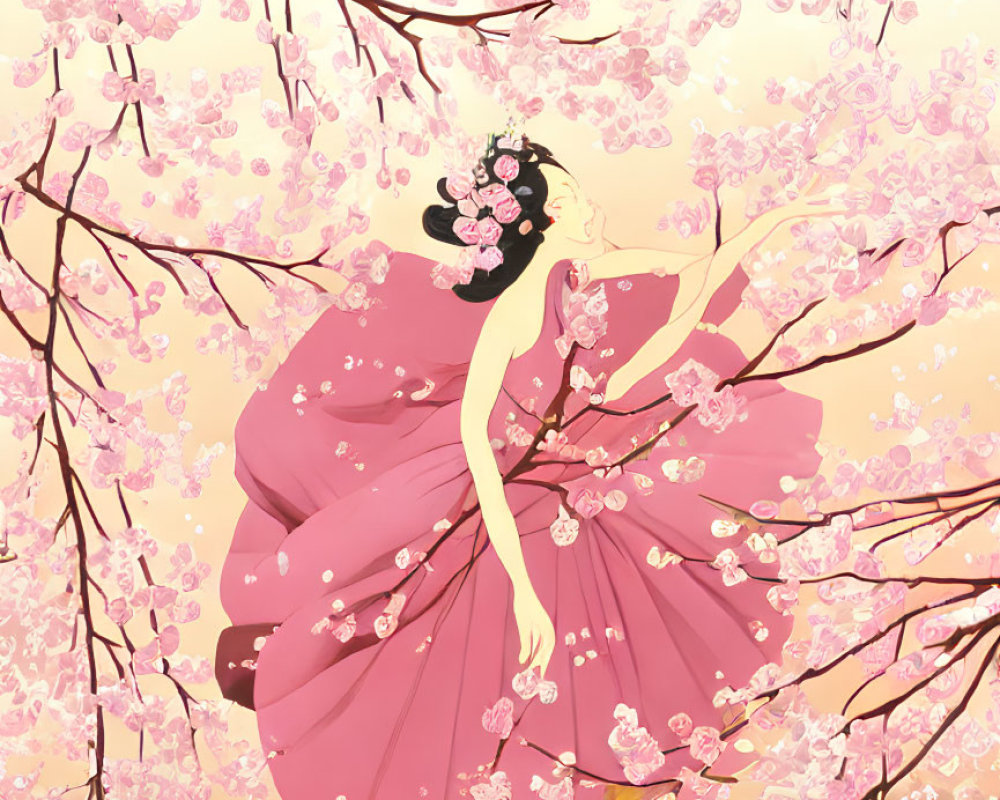 Woman in Pink Dress Standing under Cherry Blossom Branches in Golden Setting