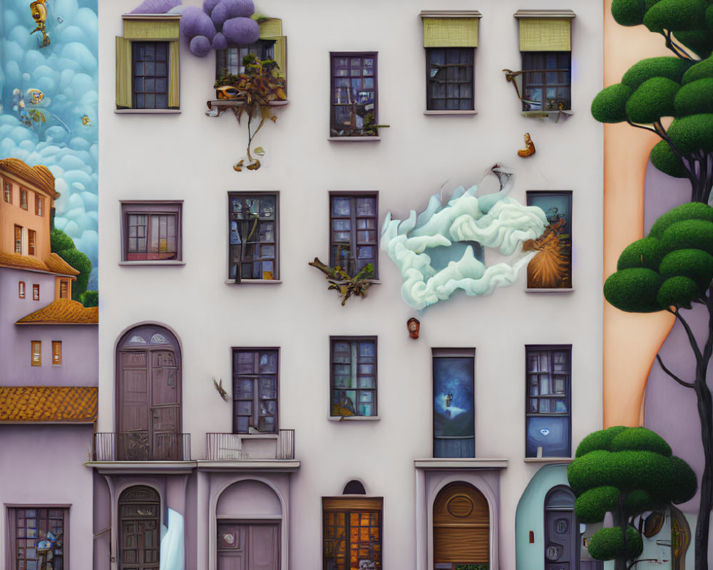 Whimsical multi-story building with surreal elements