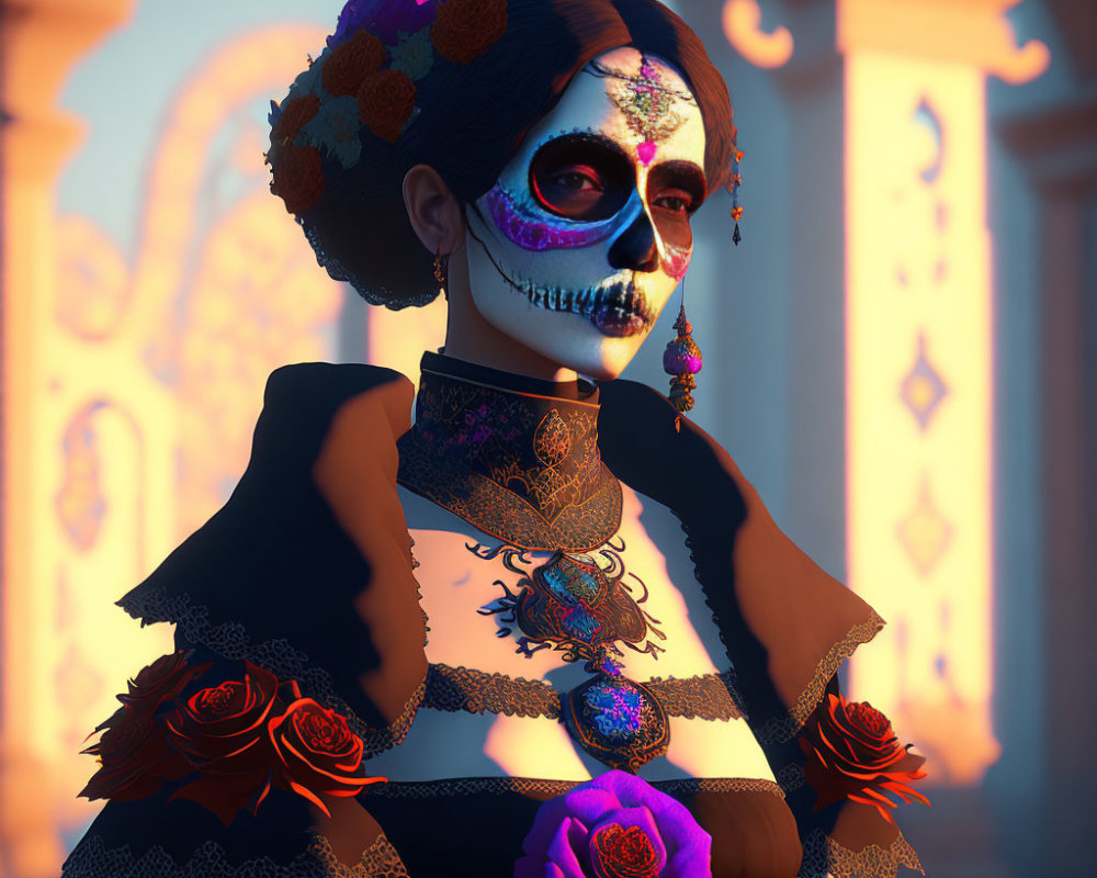 Intricately painted skull makeup with roses and traditional attire in sunset-lit scene