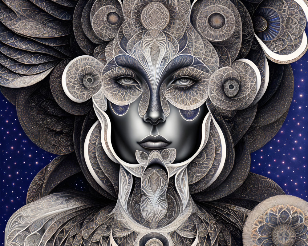 Symmetrical celestial feminine face with ornate patterns on starry night sky.