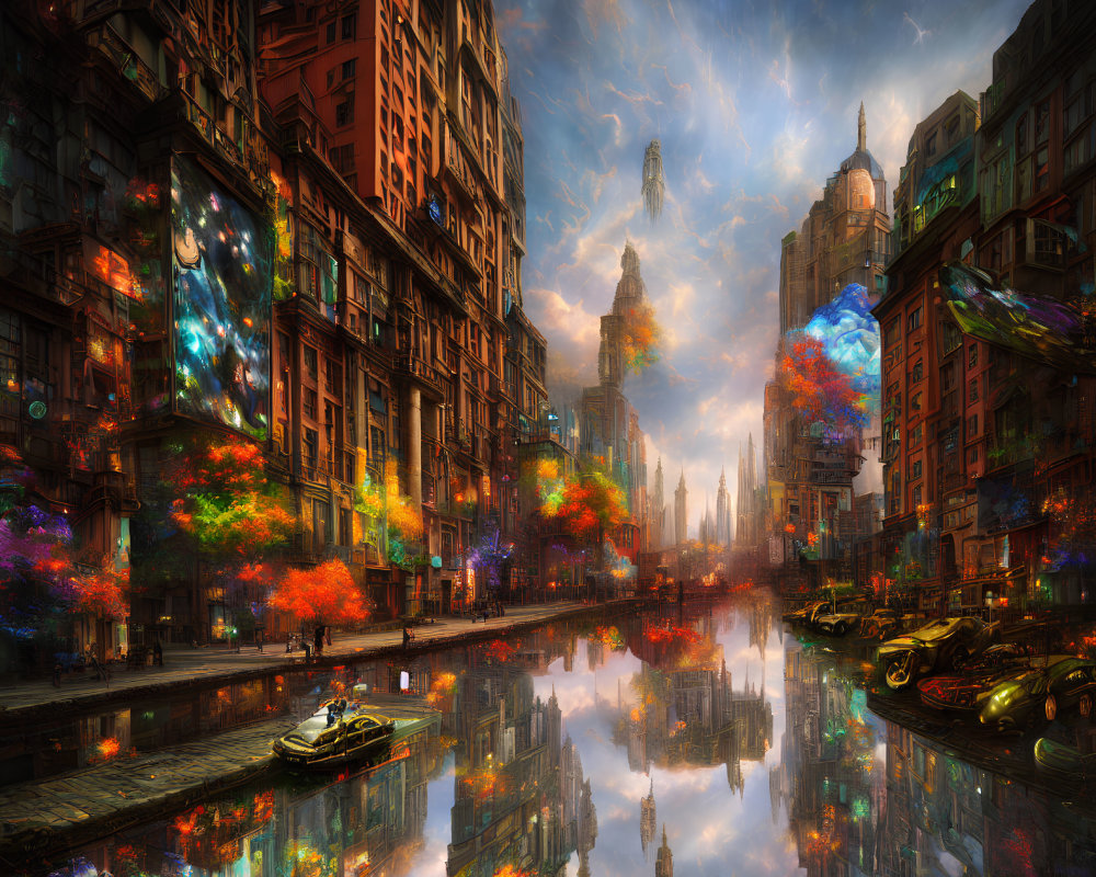 Colorful futuristic cityscape with reflective waterways and flying vehicles at sunset.