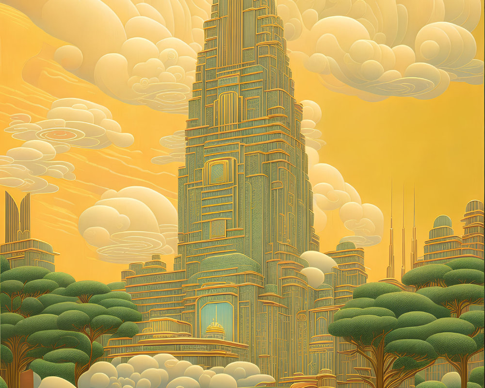 Art Deco futuristic cityscape with skyscraper, waterways, trees, and amber sky