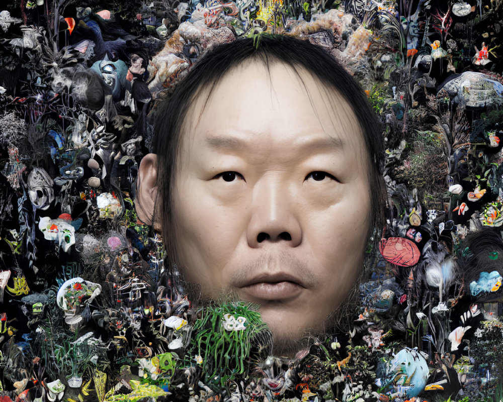 Man's Face Surrounded by Collage of Animals, Cartoons, and Abstract Elements