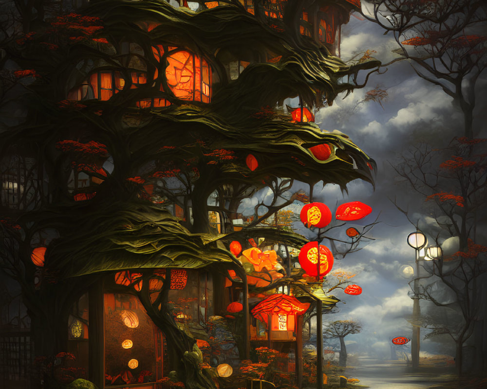 Enchanting multi-level treehouse with warm glowing windows and red lanterns in mystical, foggy