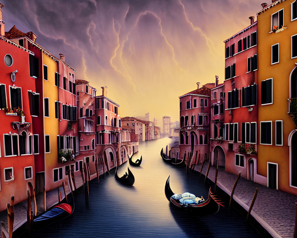 Venice Canal with Gondolas Amid Colorful Buildings and Lightning Sky