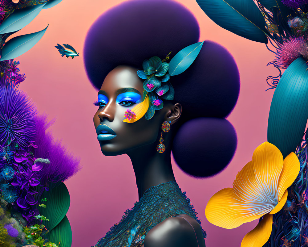 Colorful digital artwork: Woman with afro and floral background