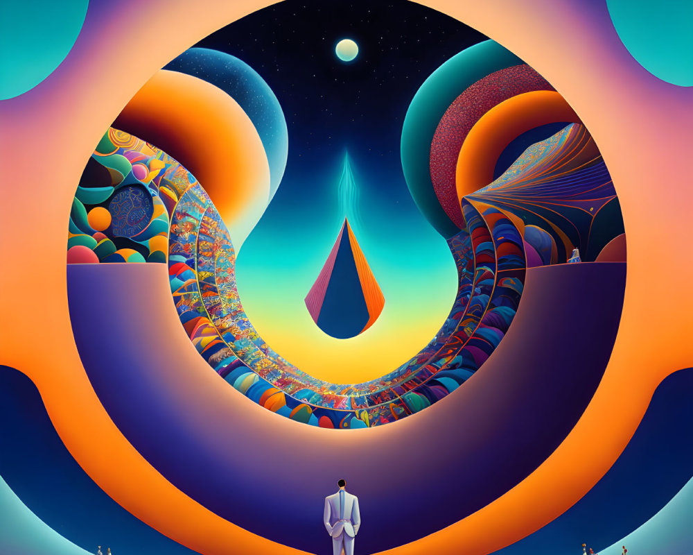 Surreal landscape with person in suit, cosmic backdrop, colorful patterns, moon in circular frame