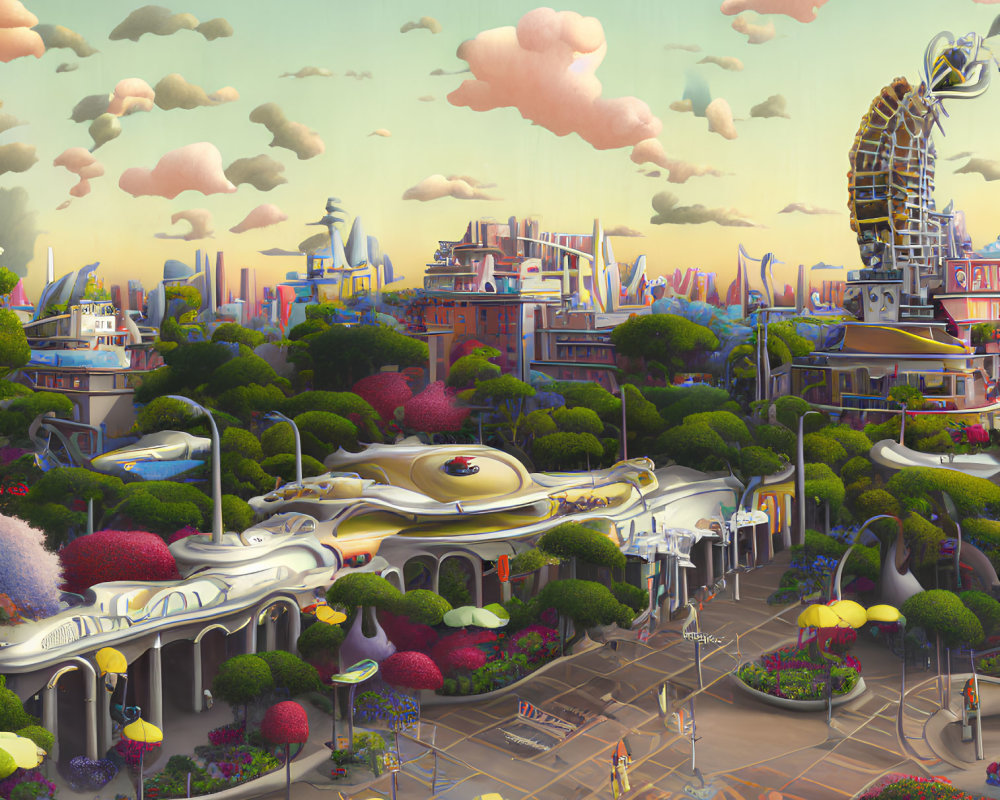 Futuristic cityscape with whimsical architecture and greenery