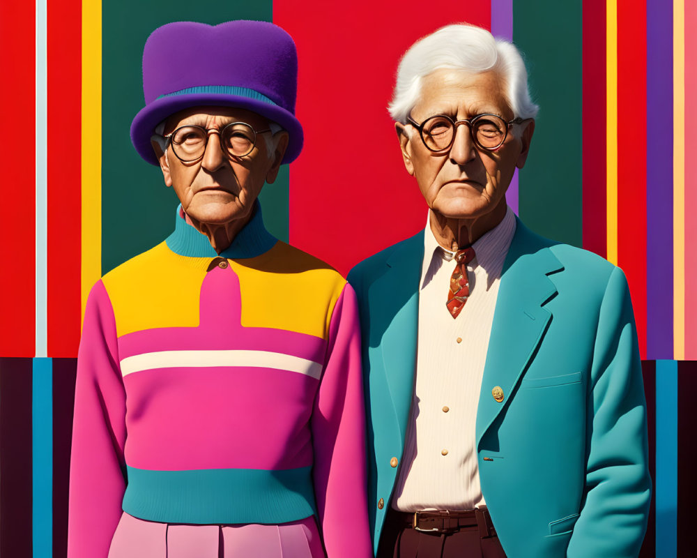 Elderly stylish characters in front of colorful striped background