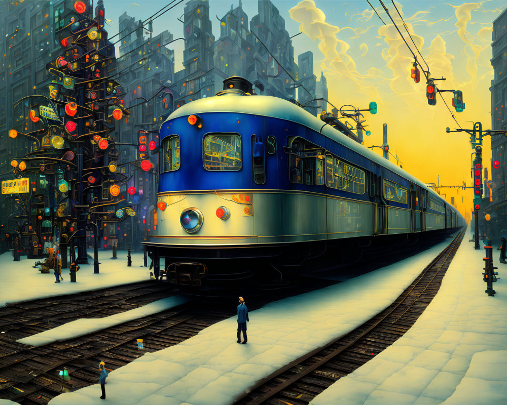 Vintage Blue Tram in Snowy Festive Cityscape