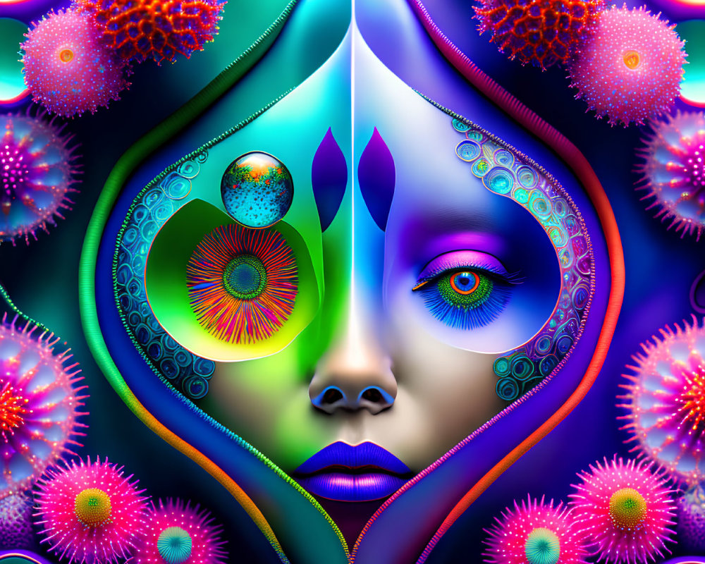 Symmetrical Face Artwork with Neon Colors and Intricate Patterns