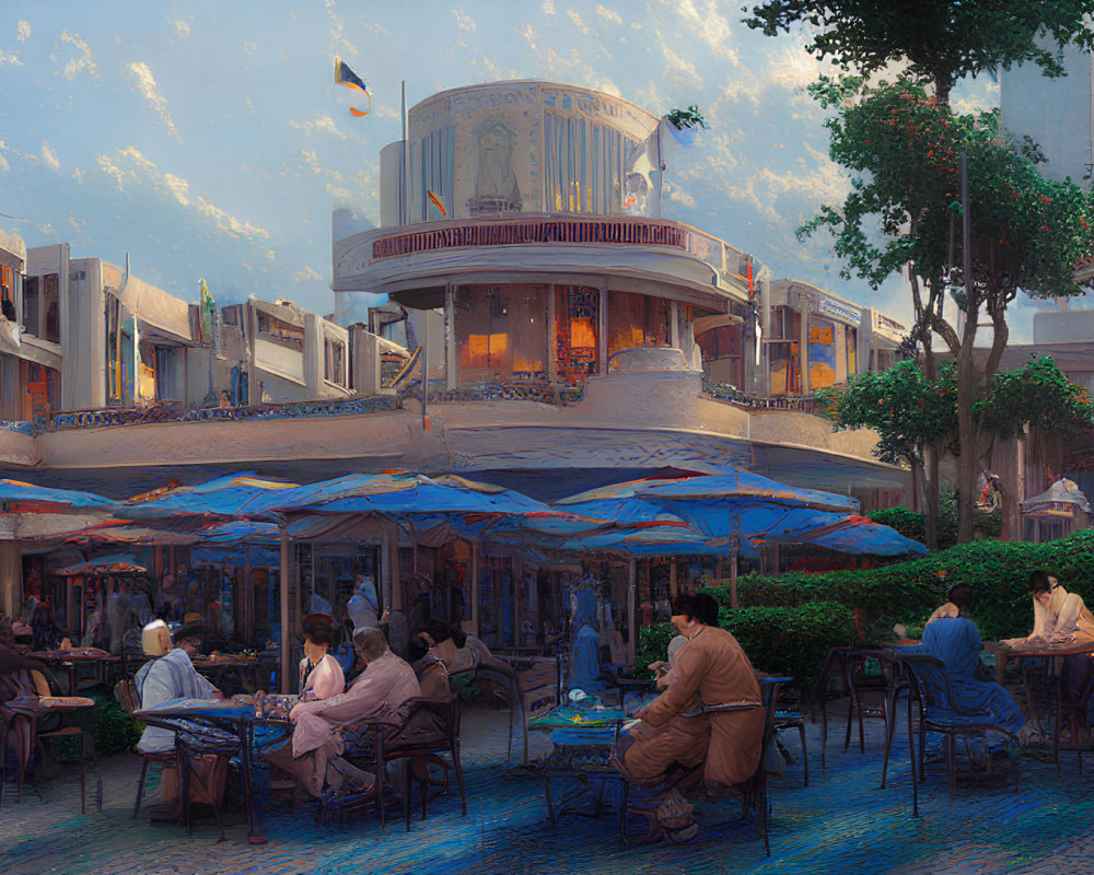 Outdoor café scene with blue umbrellas, neoclassical architecture, and fluttering flags at dusk