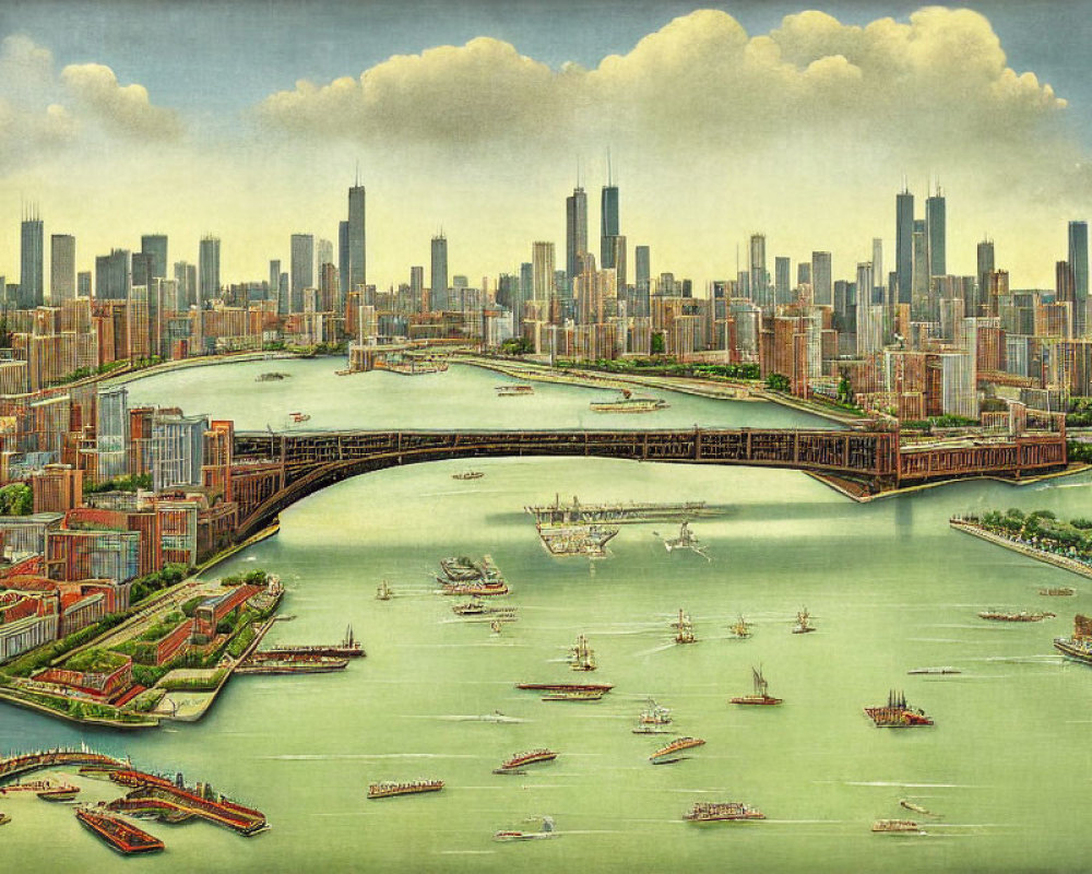 Cityscape painting with skyscrapers, river, bridges, and boats in stylized blend of realism