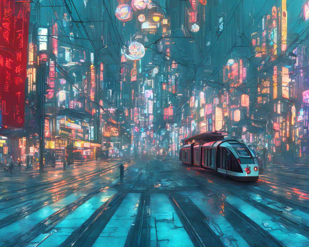 Futuristic city street with neon signs, tram, and reflective surface at night