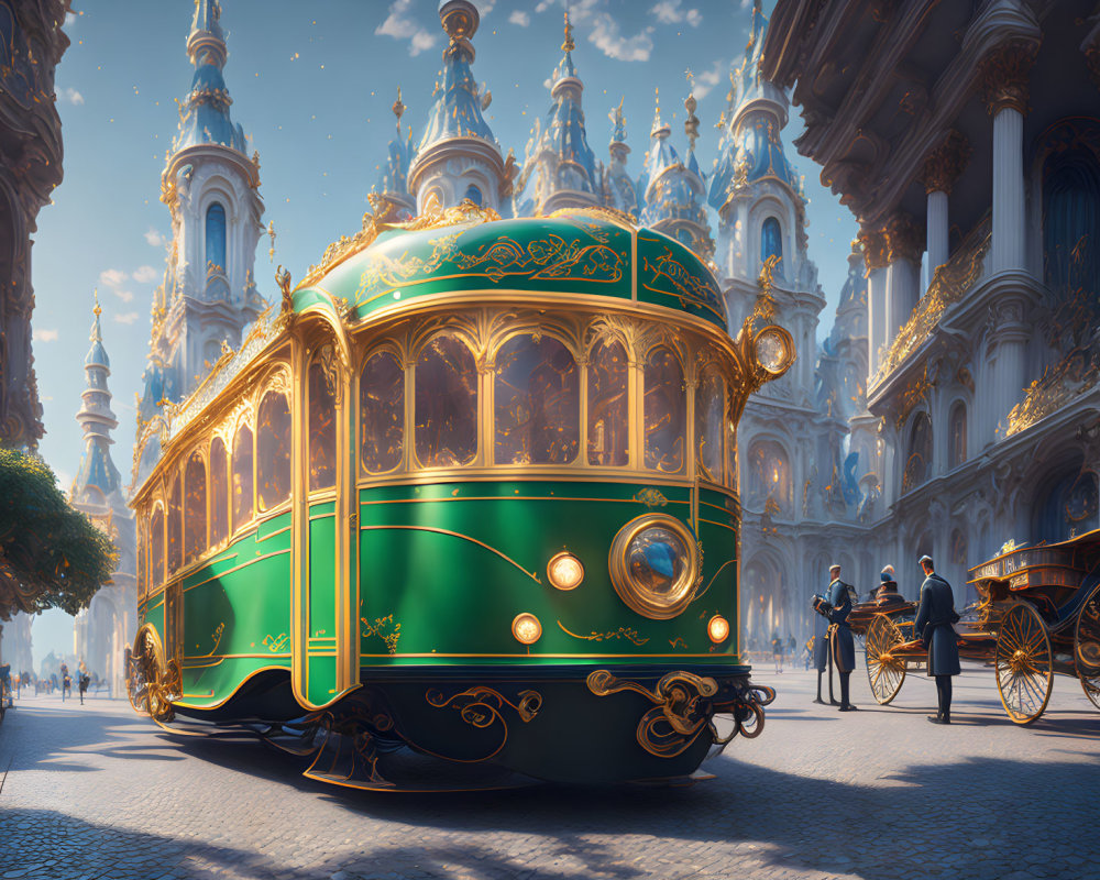 Vintage Green Tram Passing Classical Buildings with Pedestrians