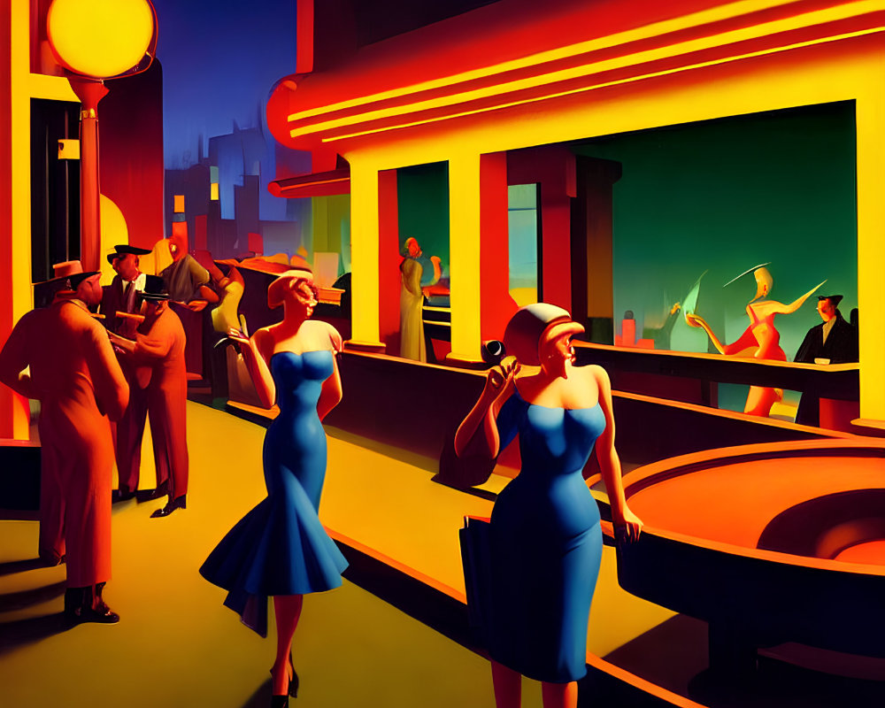 Colorful painting of stylized figures in 1940s attire outside a neon-lit diner at