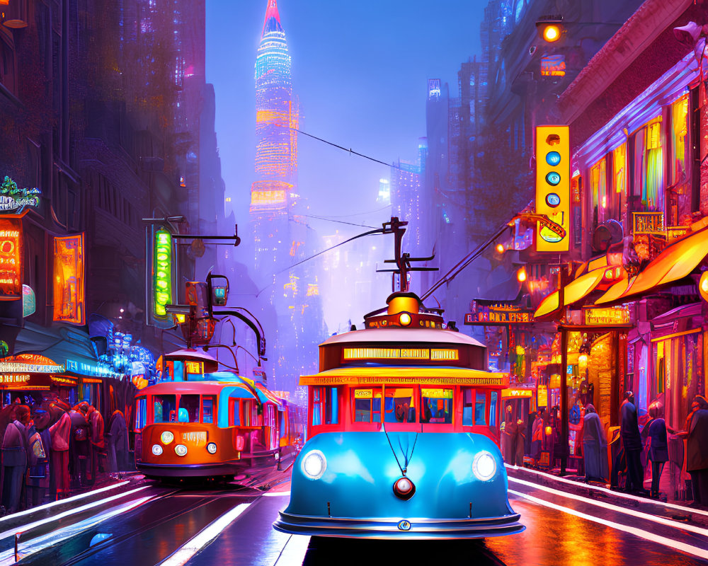 Colorful night cityscape with neon signs, trams, and skyscraper