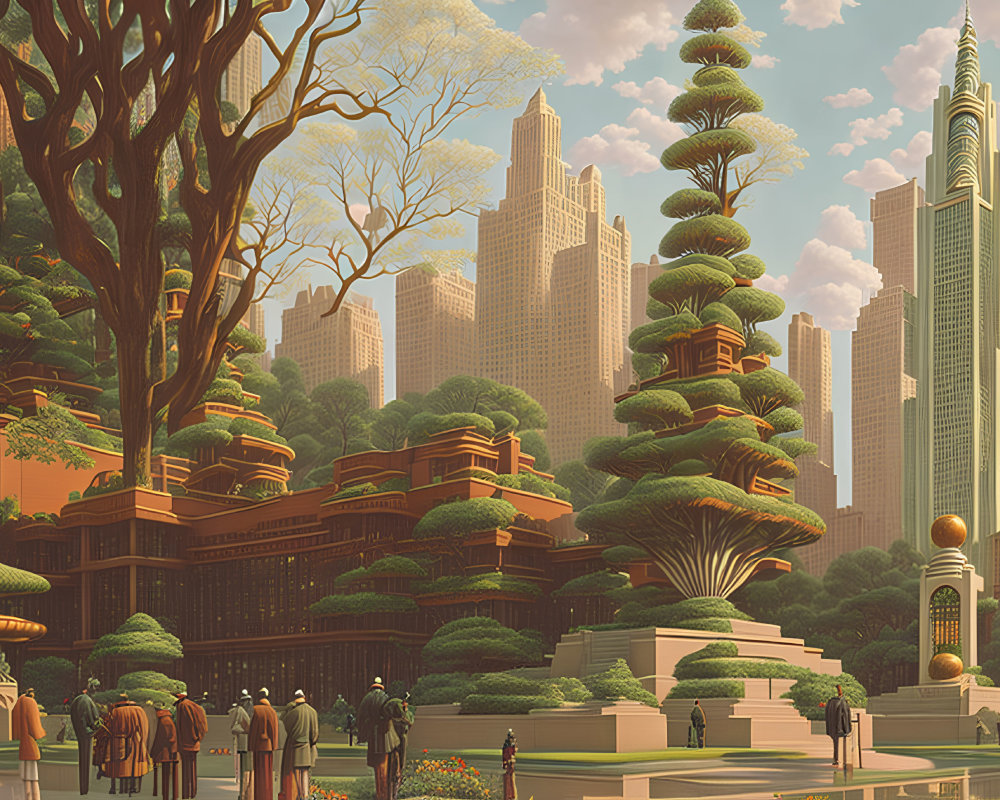 Futuristic cityscape with greenery, skyscrapers, and observers