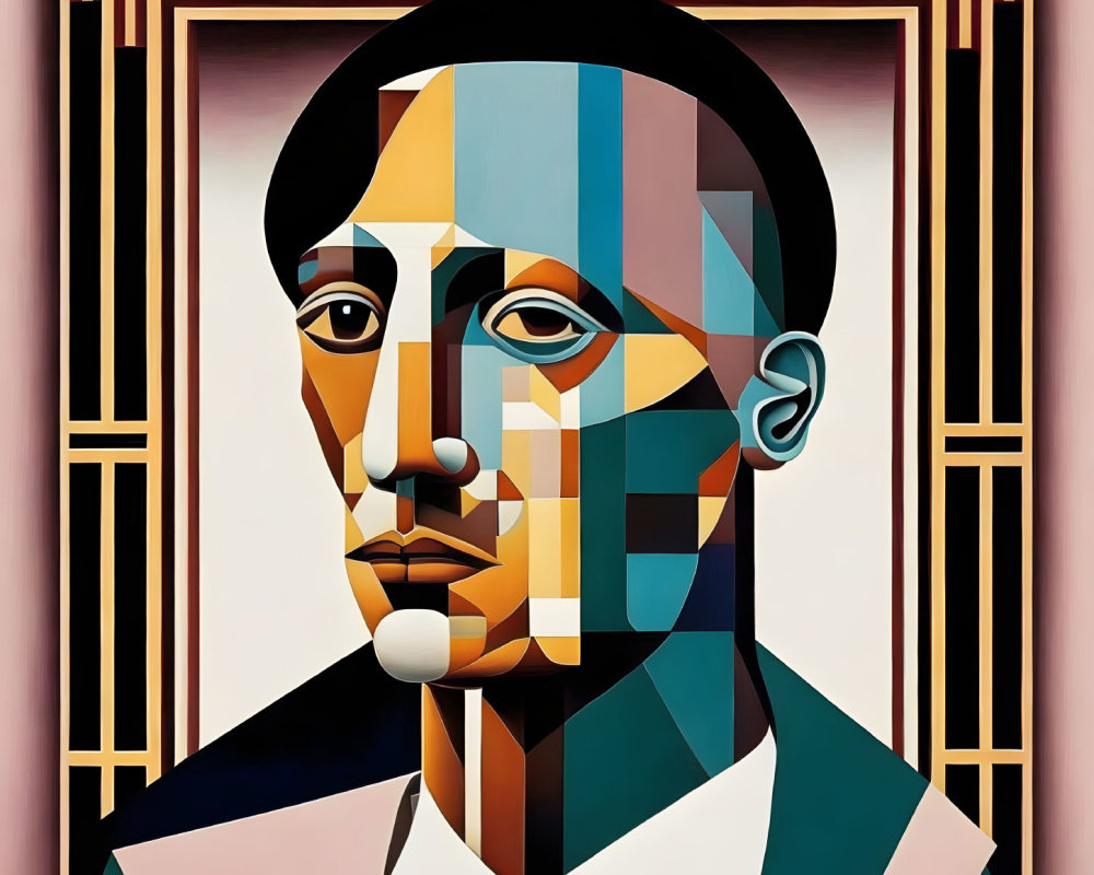 Male figure depicted in Cubist-style portrait with fragmented, multi-colored planes on pink background.