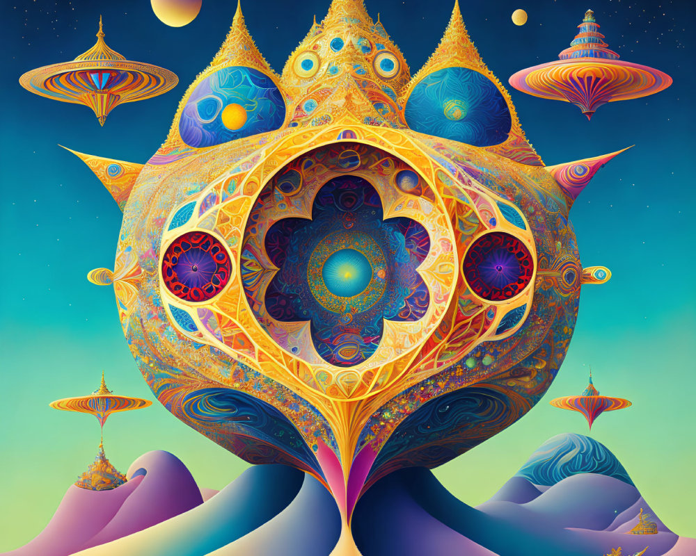 Colorful Mandala-like Psychedelic Illustration in Space Landscape