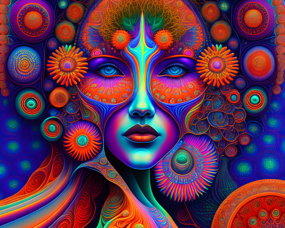 Colorful psychedelic portrait of a woman's face with intricate patterns and bold eye-catching colors.