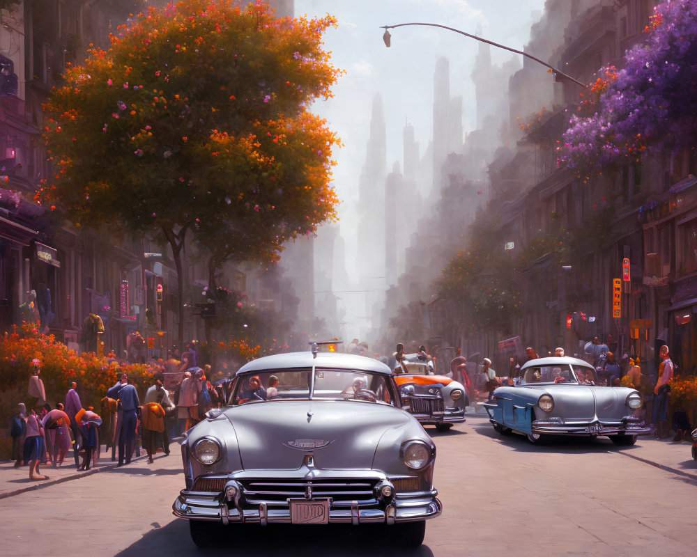 Vintage cars and pedestrians on busy city street with autumn trees in warm sunlight