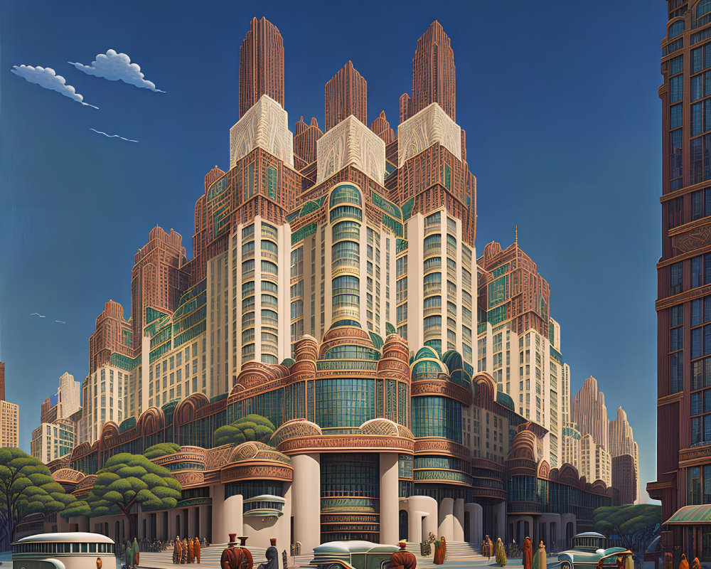 Art Deco-style skyscraper illustration with vintage cars and people under a clear blue sky