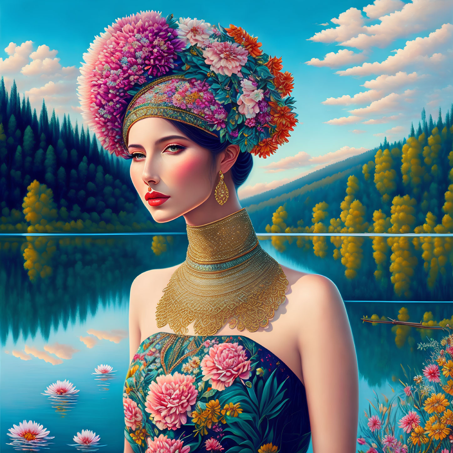 Portrait of Woman with Floral Headpiece and Golden Necklace by Lakeside