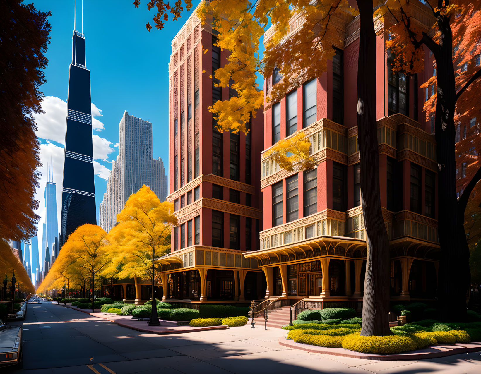 Colorful autumn trees, historic buildings, and skyscrapers in a vibrant city street