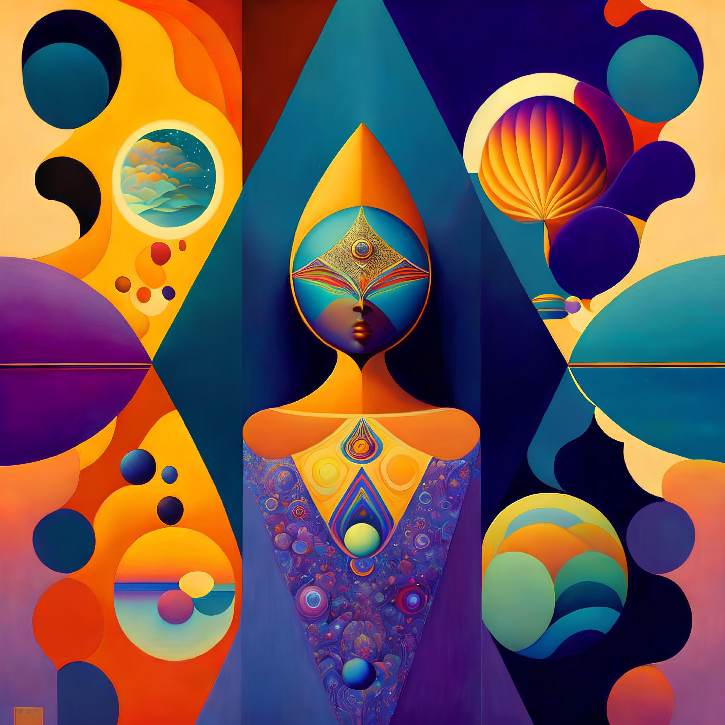 Colorful Abstract Artwork: Faceless Figure with Symmetrical Patterns