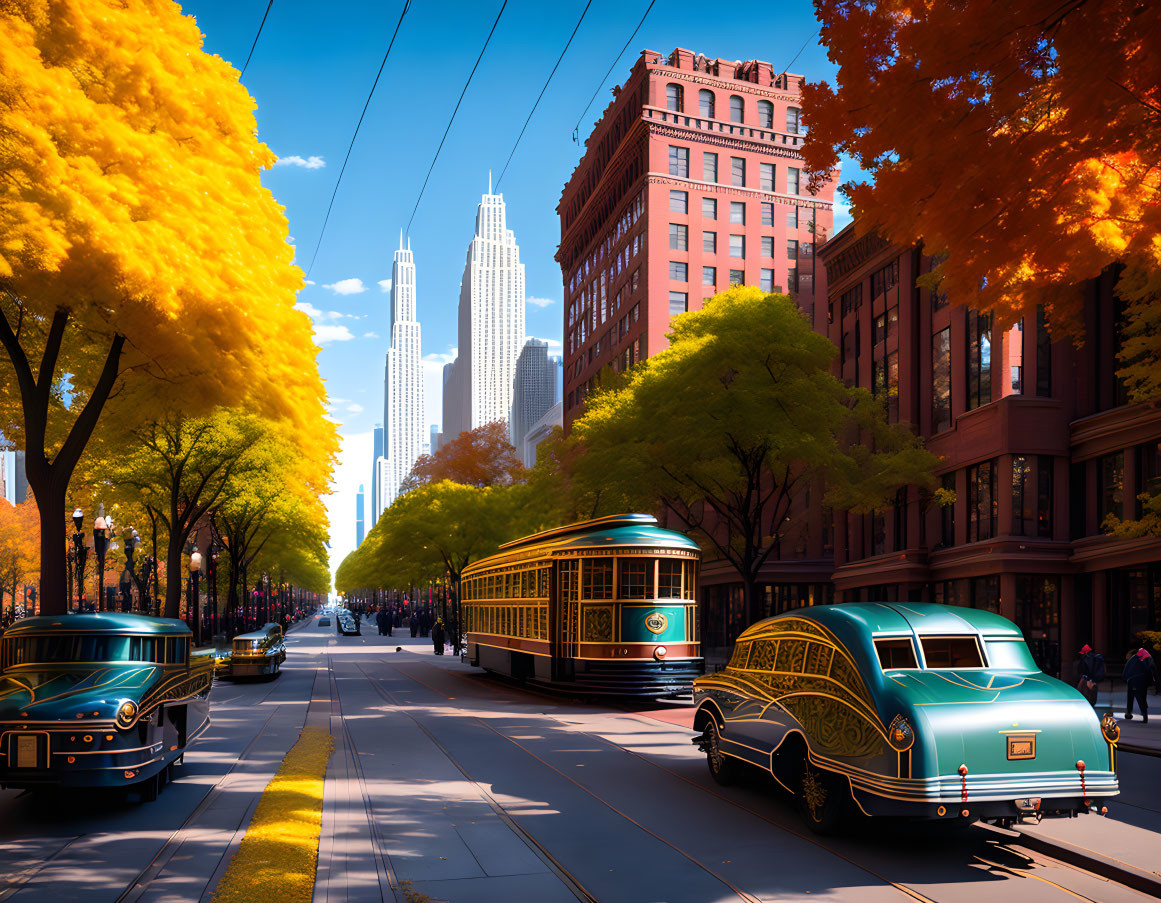 Vintage-style cars and trams amidst skyscrapers and autumn trees in a vibrant cityscape