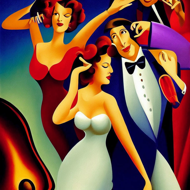 Colorful art deco style illustration of elegantly dressed people at a festive gathering