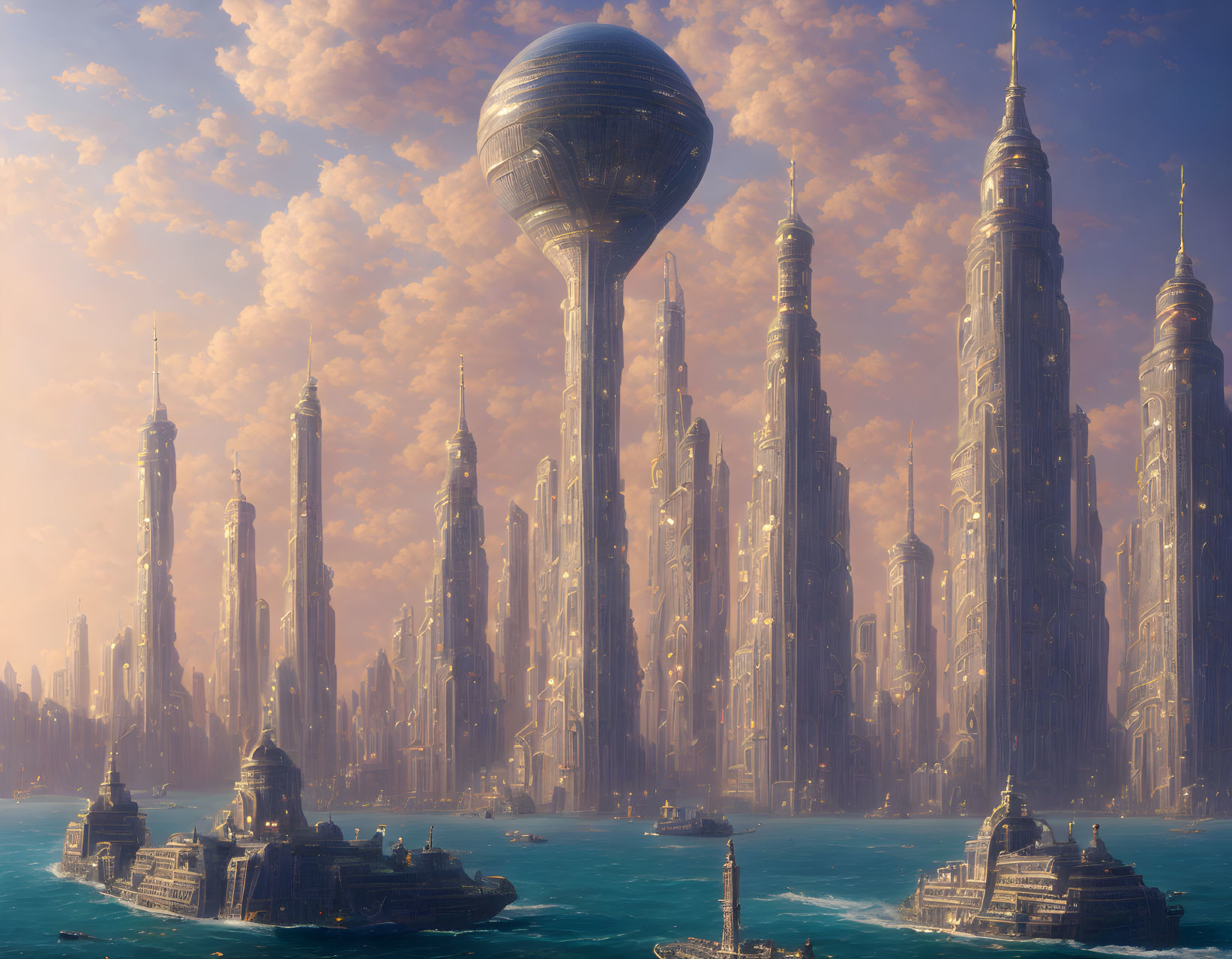 Futuristic cityscape with skyscrapers, spherical structures, and waterways