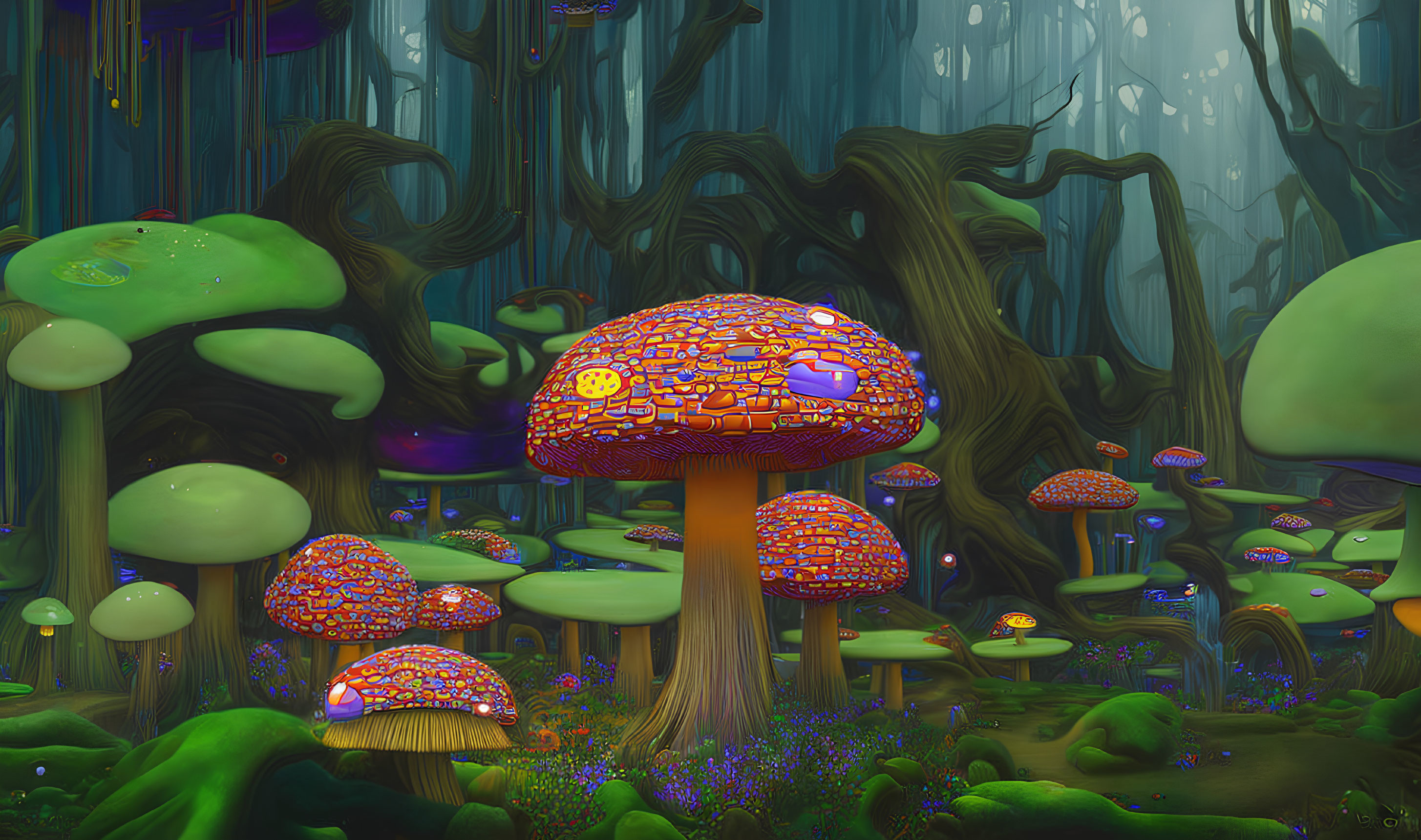 Vivid Digital Artwork of Enchanting Forest with Fantastical Mushrooms