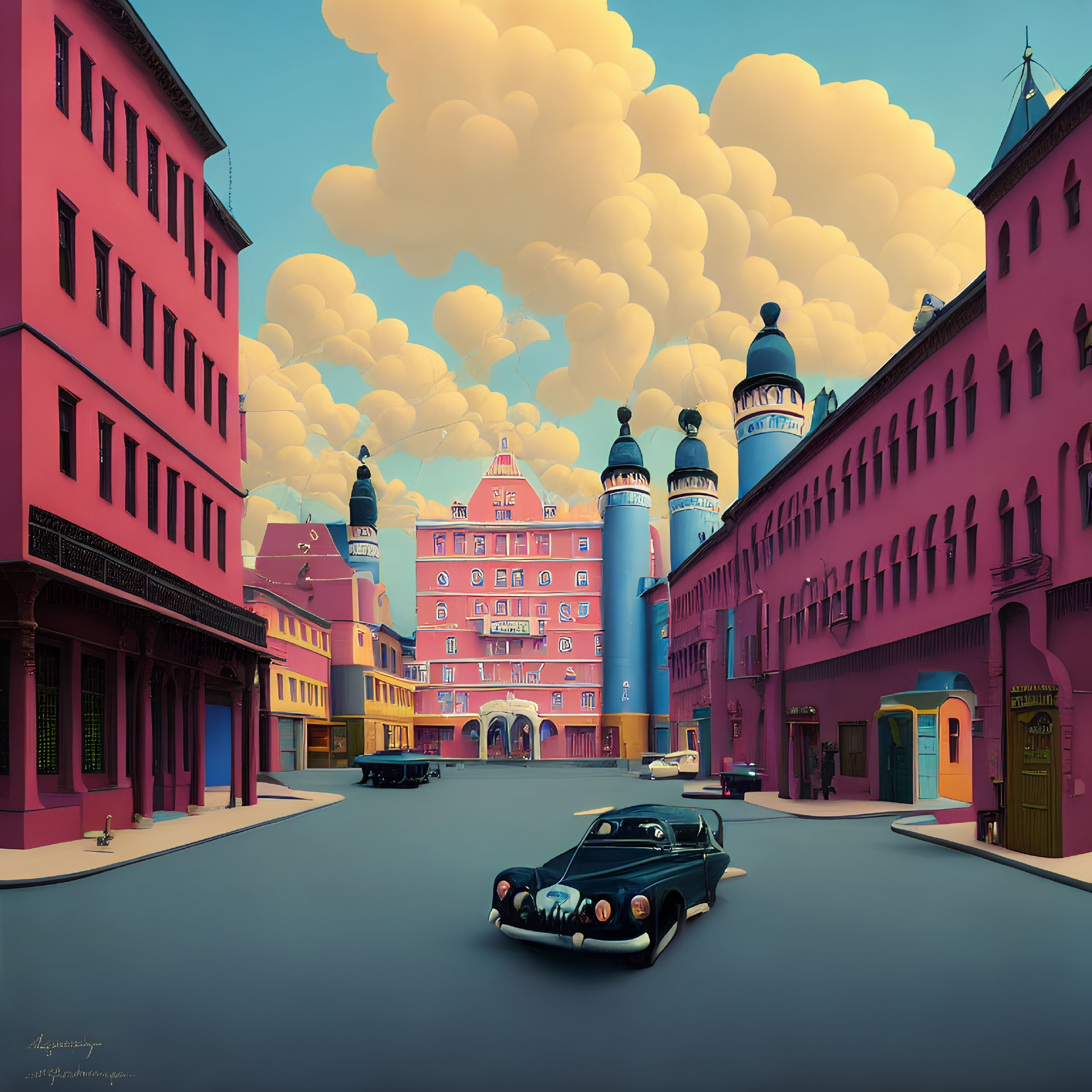 Whimsical Pastel Cityscape with Vintage Car and Cartoon Clouds