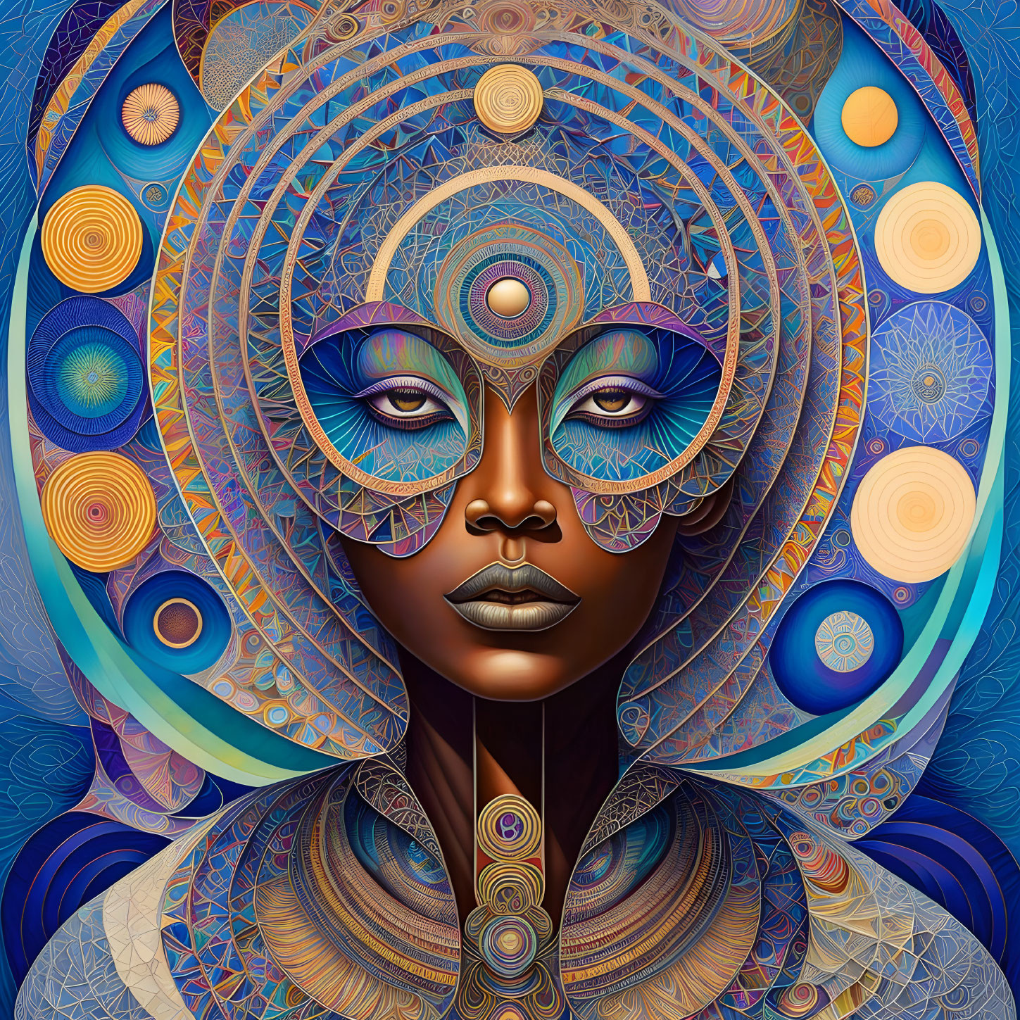 Colorful digital artwork: Woman's face in blue, gold, and purple mandala patterns