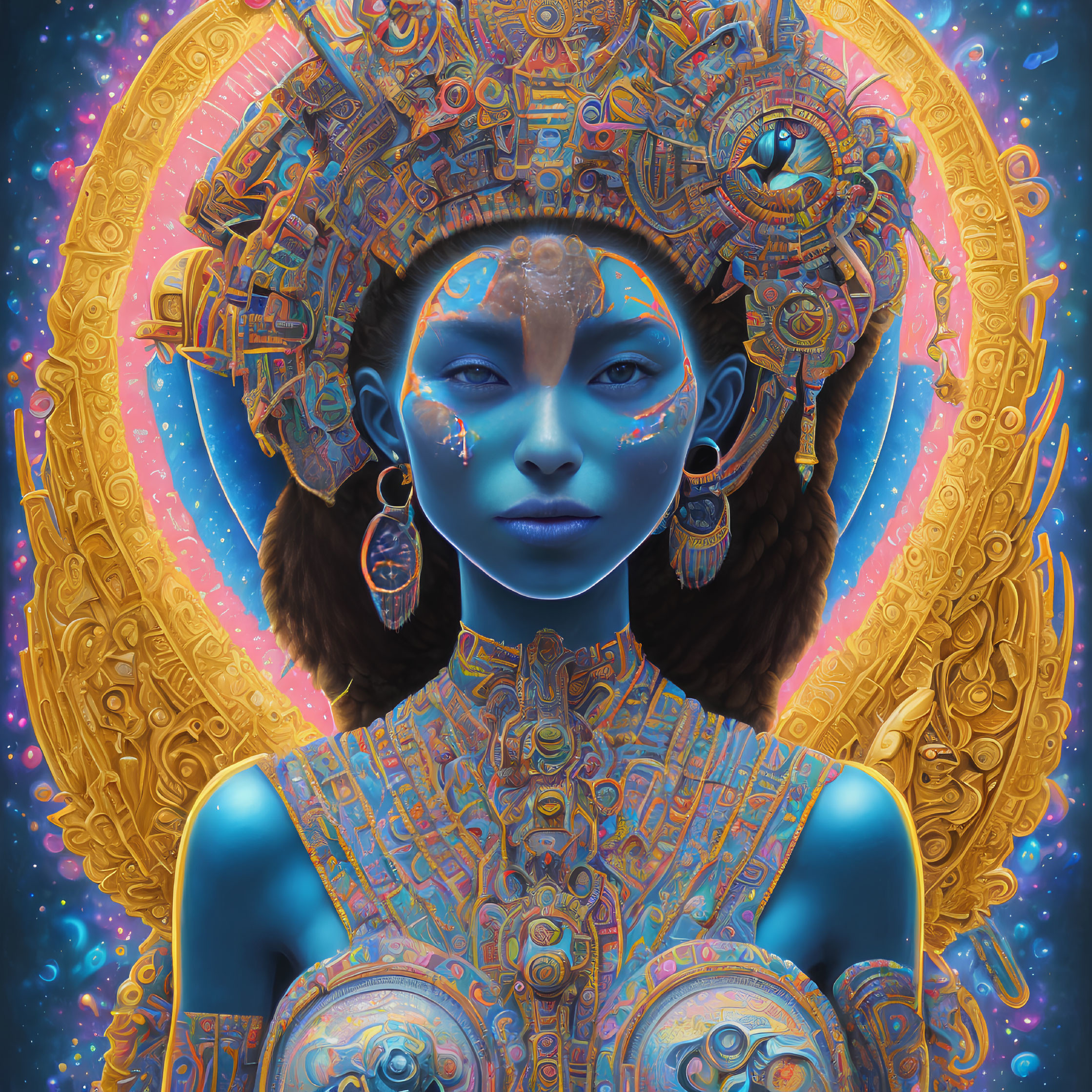 Surreal digital portrait of woman with blue skin and gold headdress