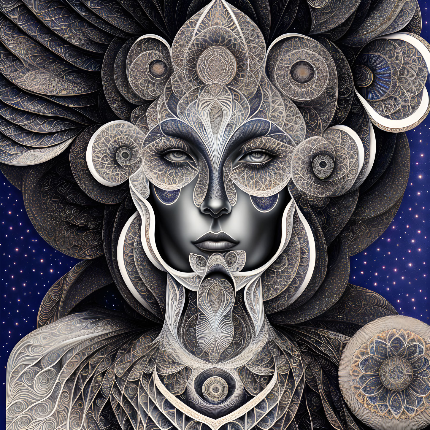 Symmetrical celestial feminine face with ornate patterns on starry night sky.