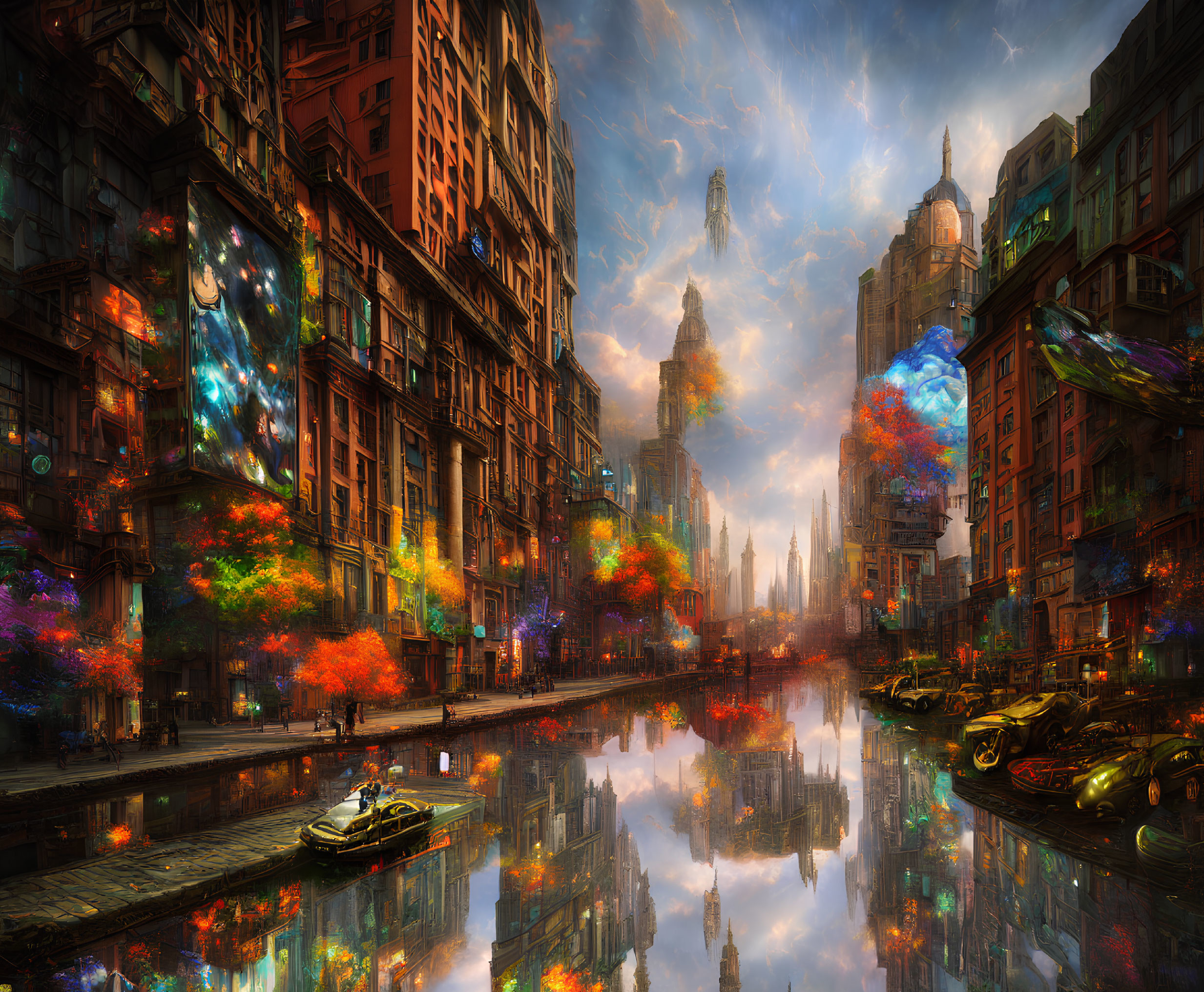 Colorful futuristic cityscape with reflective waterways and flying vehicles at sunset.