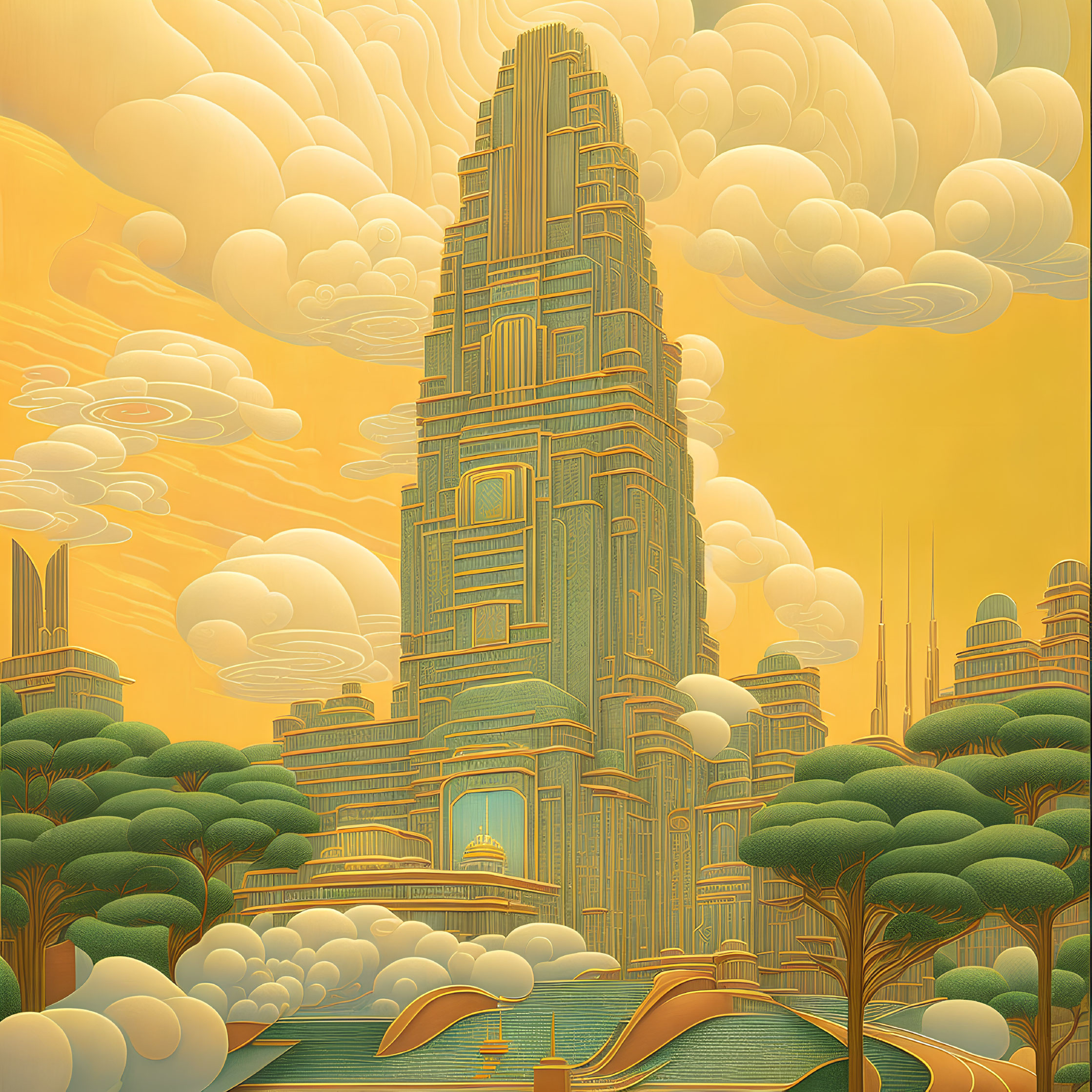 Art Deco futuristic cityscape with skyscraper, waterways, trees, and amber sky