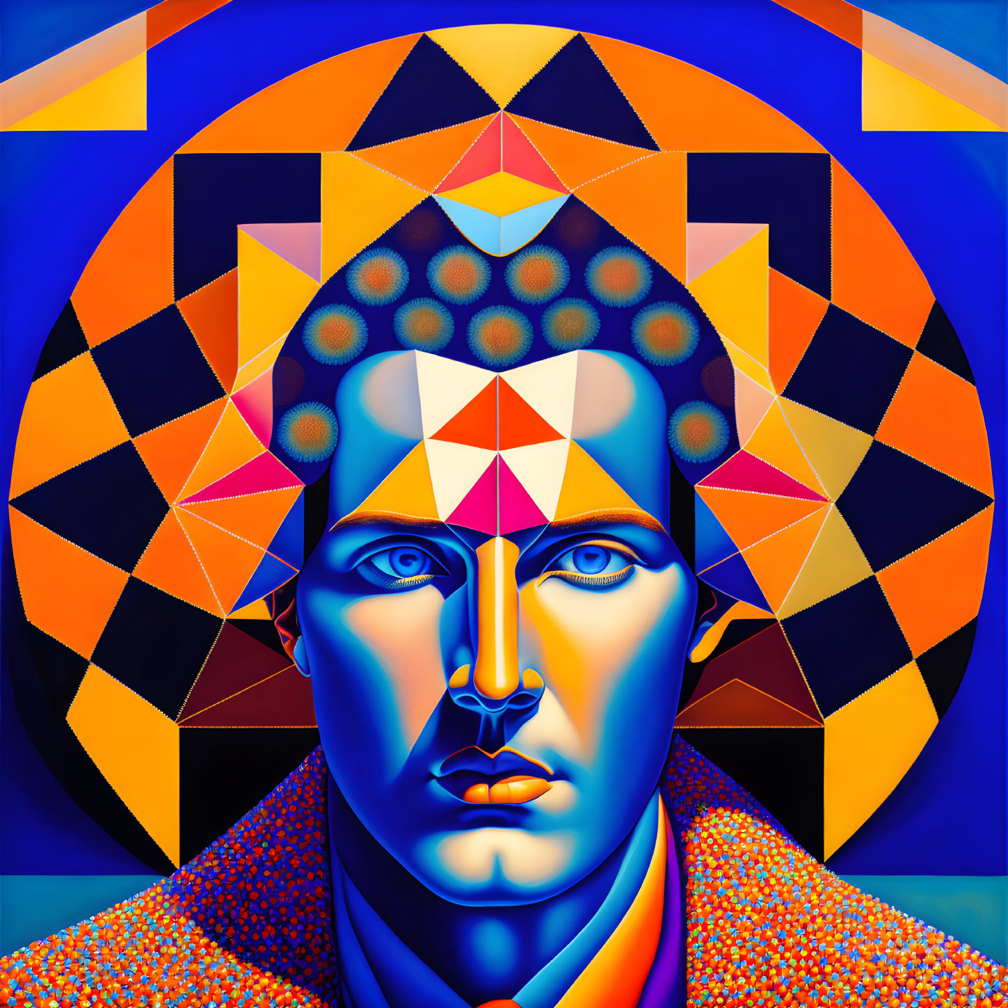 Symmetric geometric patterns on a colorful digital portrait