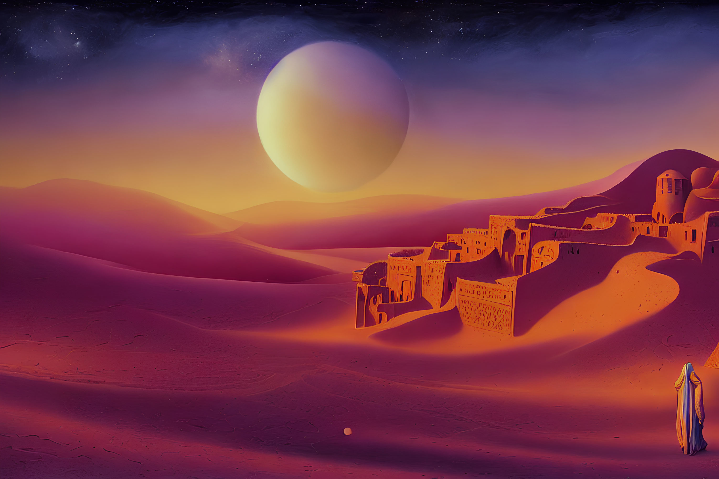 Solitary figure in desert twilight with sand dunes and ancient city