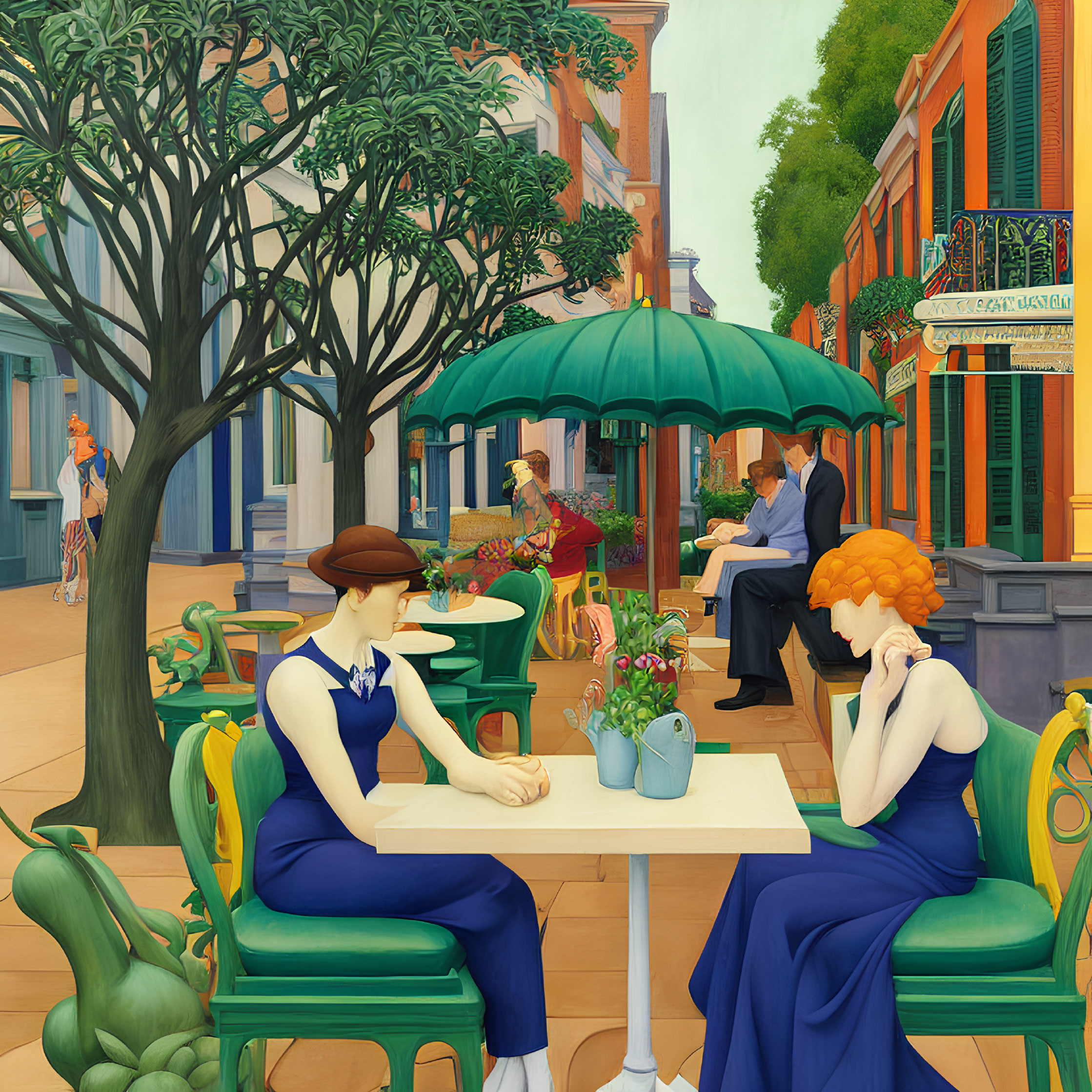 Colorful outdoor café scene with people and greenery