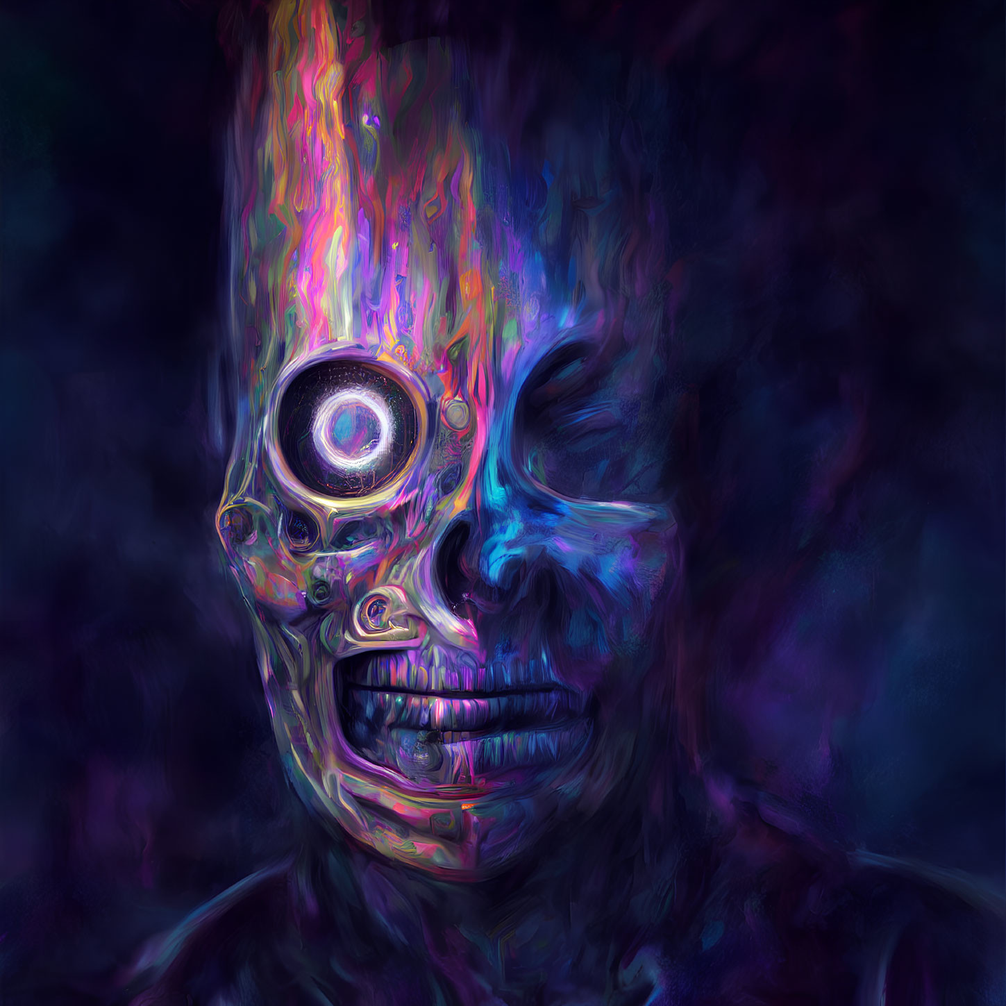 Colorful half-human, half-mechanical face in vivid digital artwork