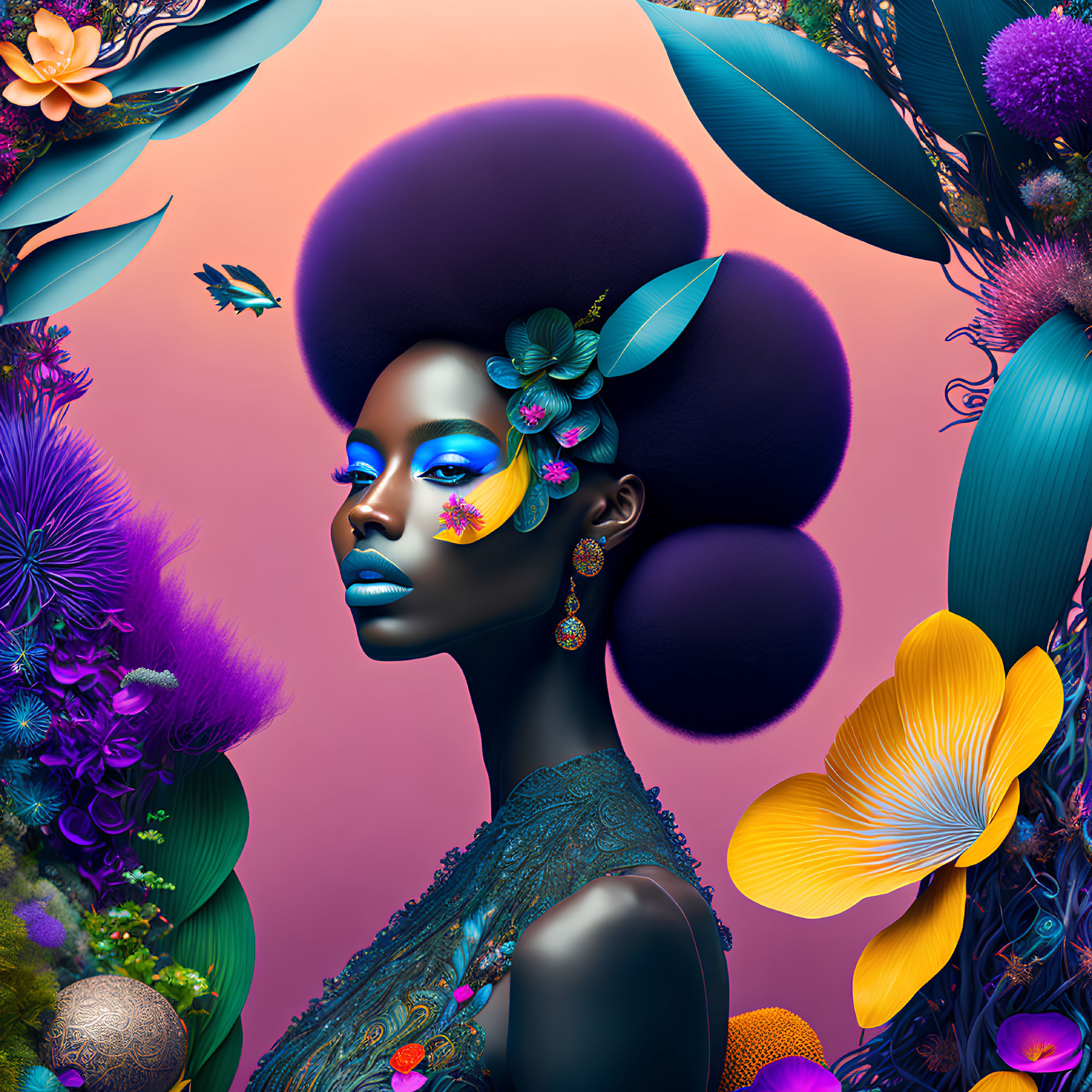 Colorful digital artwork: Woman with afro and floral background